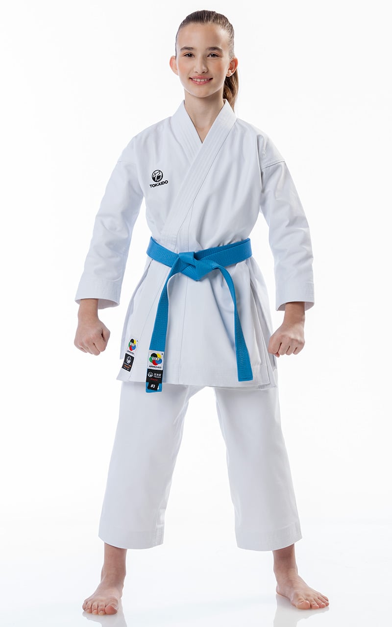 TOKAIDO Beginner Karate Gi, Kata Master Junior, WKF, Slim Fit, 12 oz.