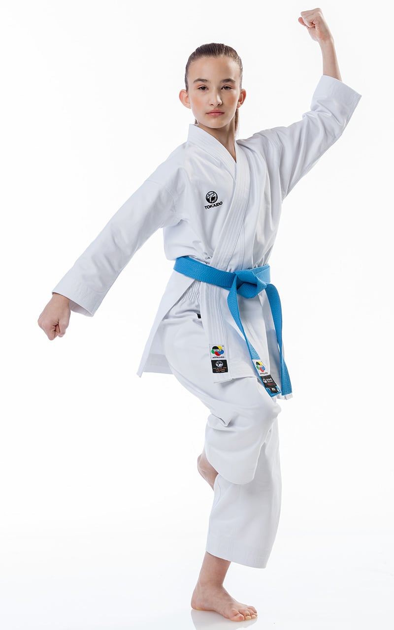 TOKAIDO Beginner Karate Gi, Kata Master Junior, WKF, Slim Fit, 12 oz.
